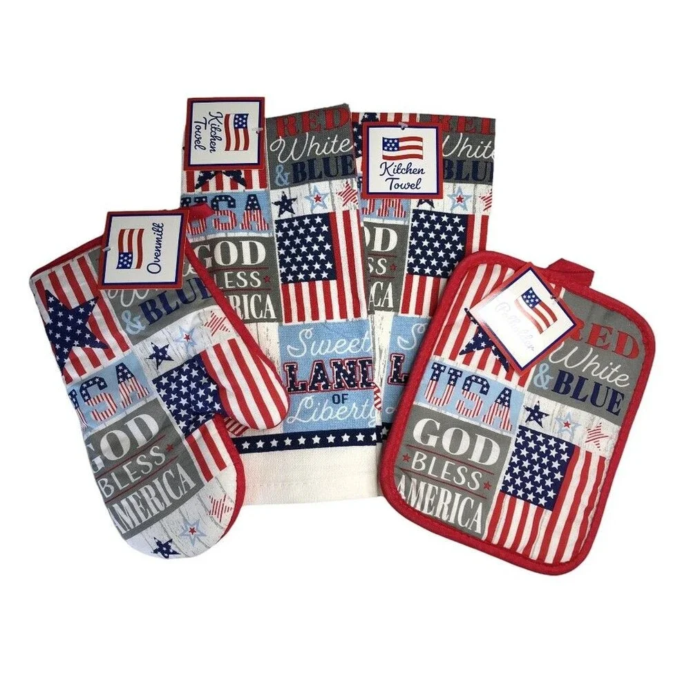 July 4th Kitchen Towels Oven Mitt Potholder Set of 4 Stars Stripes Patriotic